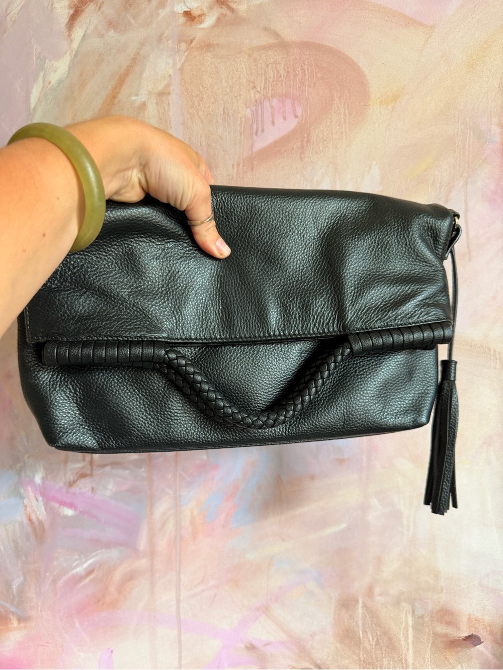 Nicole Arbenni Black Leather Fold-Over Clutch with Braided Detail